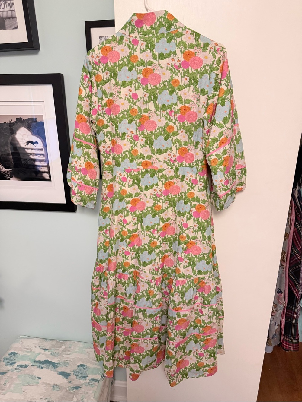 Green Floral Midi Dress with Pink and Orange Blooms - Picture 4 of 6